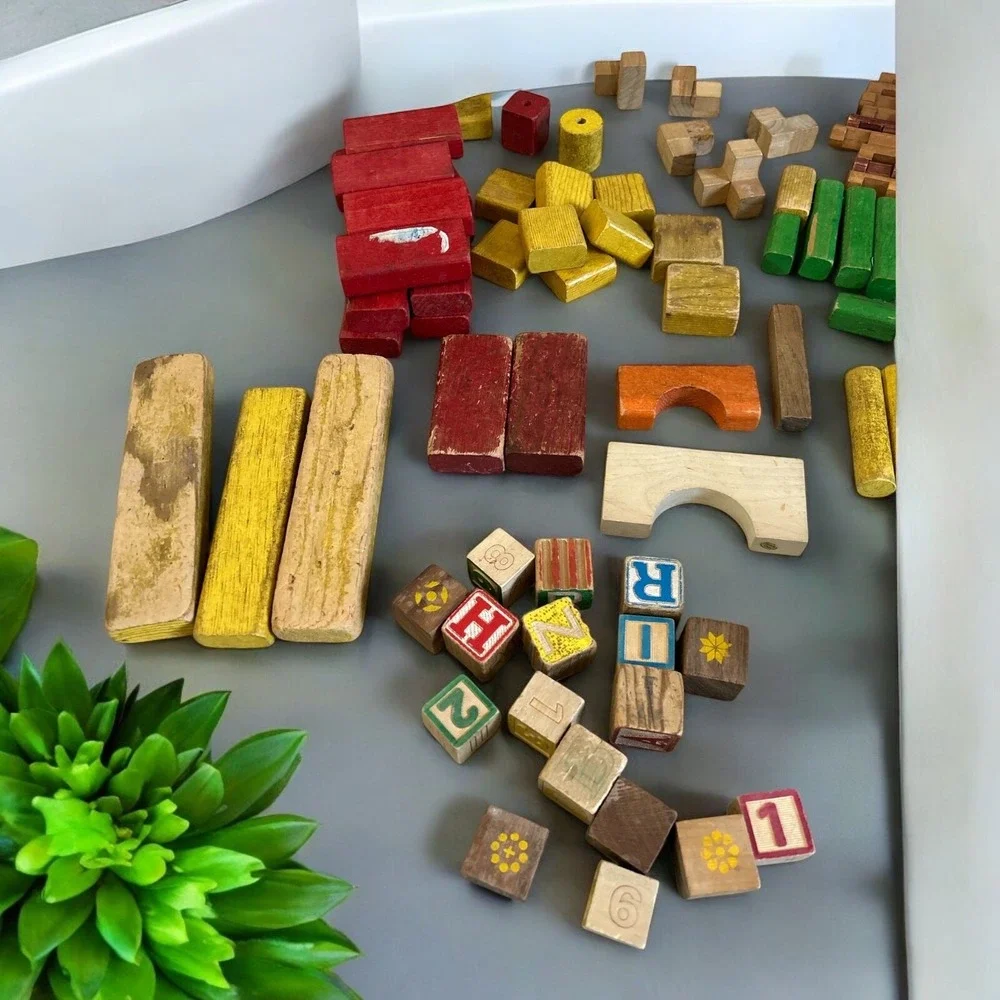 Vintage Wooden Building Blocks Lot Lincoln Logs Alphabet Blocks‎ Mixed Set 80+pc
